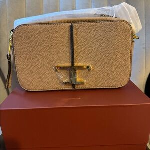 Chic Beige Crossbody Bag with Gold Accents